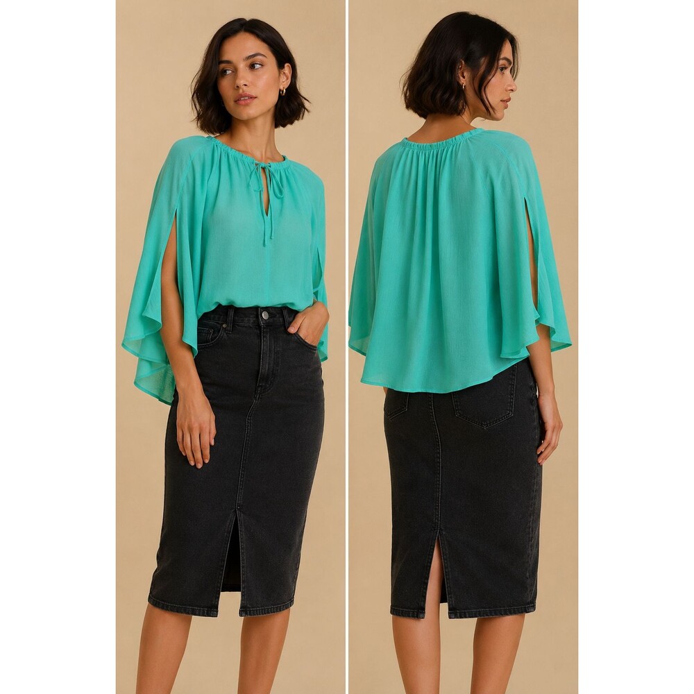 New Umgee S 4 6 8 Aqua Semi-Sheer Textured Flowy Tie Front Top Cape Poncho Top